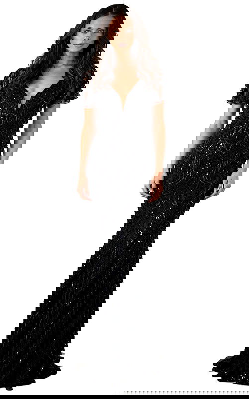 Fitted beaded gown with sheer sleeves and deep V back