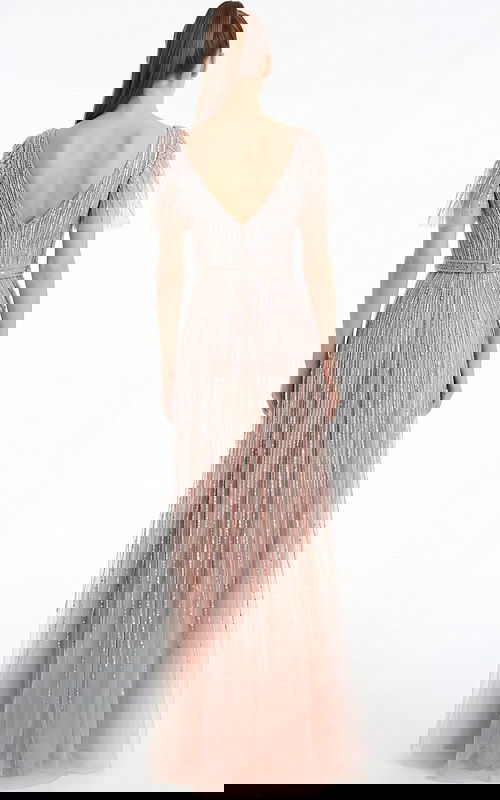Back view of a beaded A line gown with V back and soft floor length silhouette