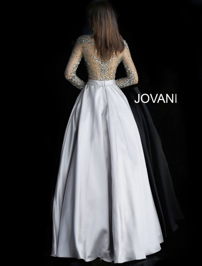 Back view of Jovani 46066 beige ball gown with sheer sequined top