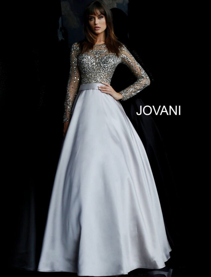 Model showcasing Jovani 46066 front view in beige satin gown