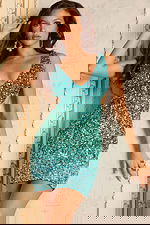 Teal sequin mini dress with deep V neckline and cutout back