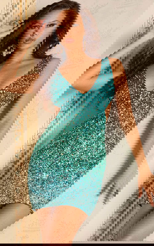 Teal sequin mini dress with deep V neckline and cutout back