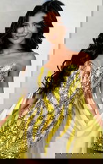 Sequined mini gown with long flowing cape