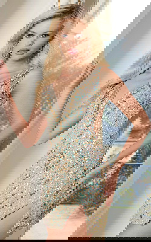 Sequin mini dress with deep V-neck and open back