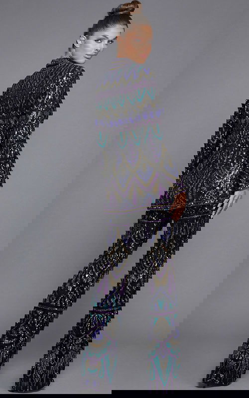 Fully beaded tailored suit with long sleeve jacket and wide leg trousers back view