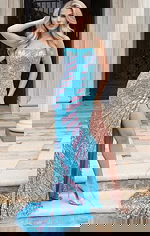 Front view of a beaded column gown with high slit and detailed sequin pattern