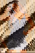 Short navy beaded dress with fringe and open back