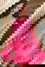 Front view of A-line mini dress with tulle rosettes