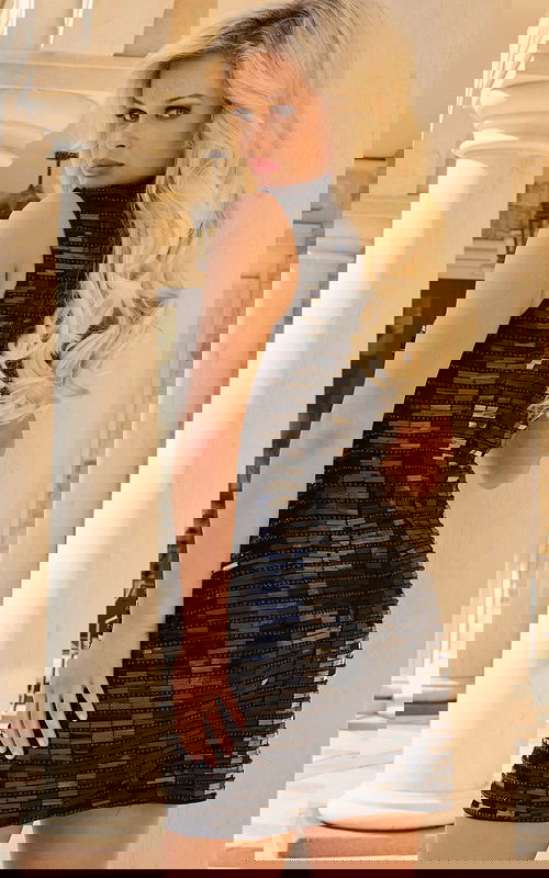 Back View Of Fitted Mini Dress With Black Beaded Stripes