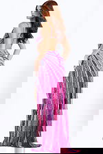 Fitted pink sequin prom gown featuring cutout sides and radiant beadwork