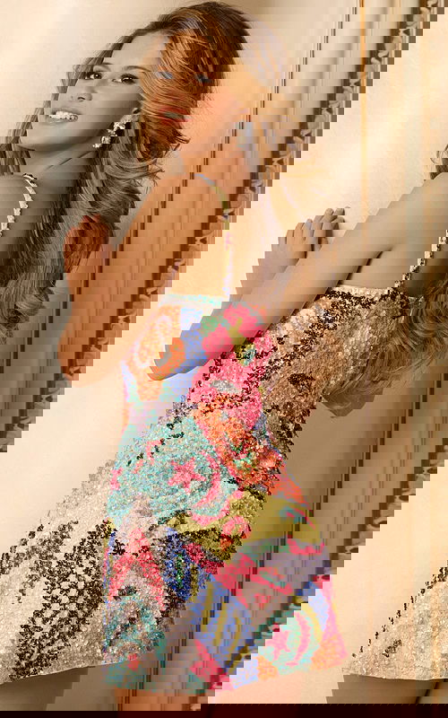 Abstract pattern mini dress with sparkly beading