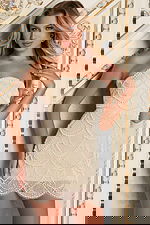 Strapless mini dress with pearl detailing and scalloped hem