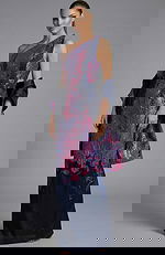 One shoulder jacquard gown with sculpted bodice and structured shawl