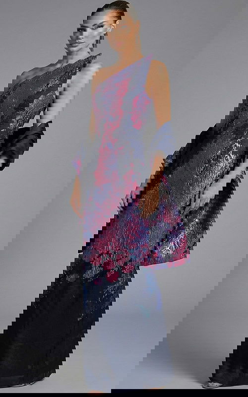 One shoulder jacquard gown with sculpted bodice and structured shawl