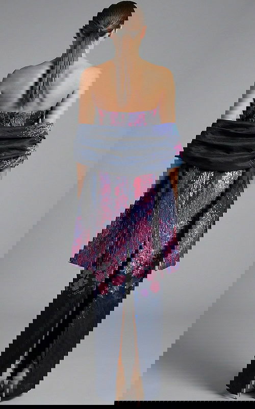 Back view of jacquard gown with straight skirt and matching wrap