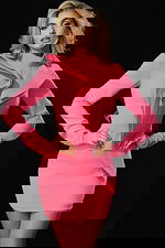 Back view of fitted pink dress highlighting sleek modern silhouette