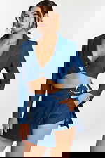 Blue tailored denim crop blazer with crystal button and wrap skirt