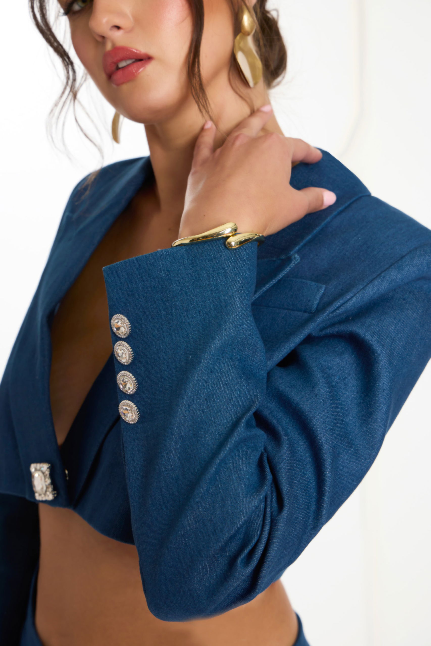 Denim Two Piece with Cropped Blazer Wrap Skirt 46303 Jovani