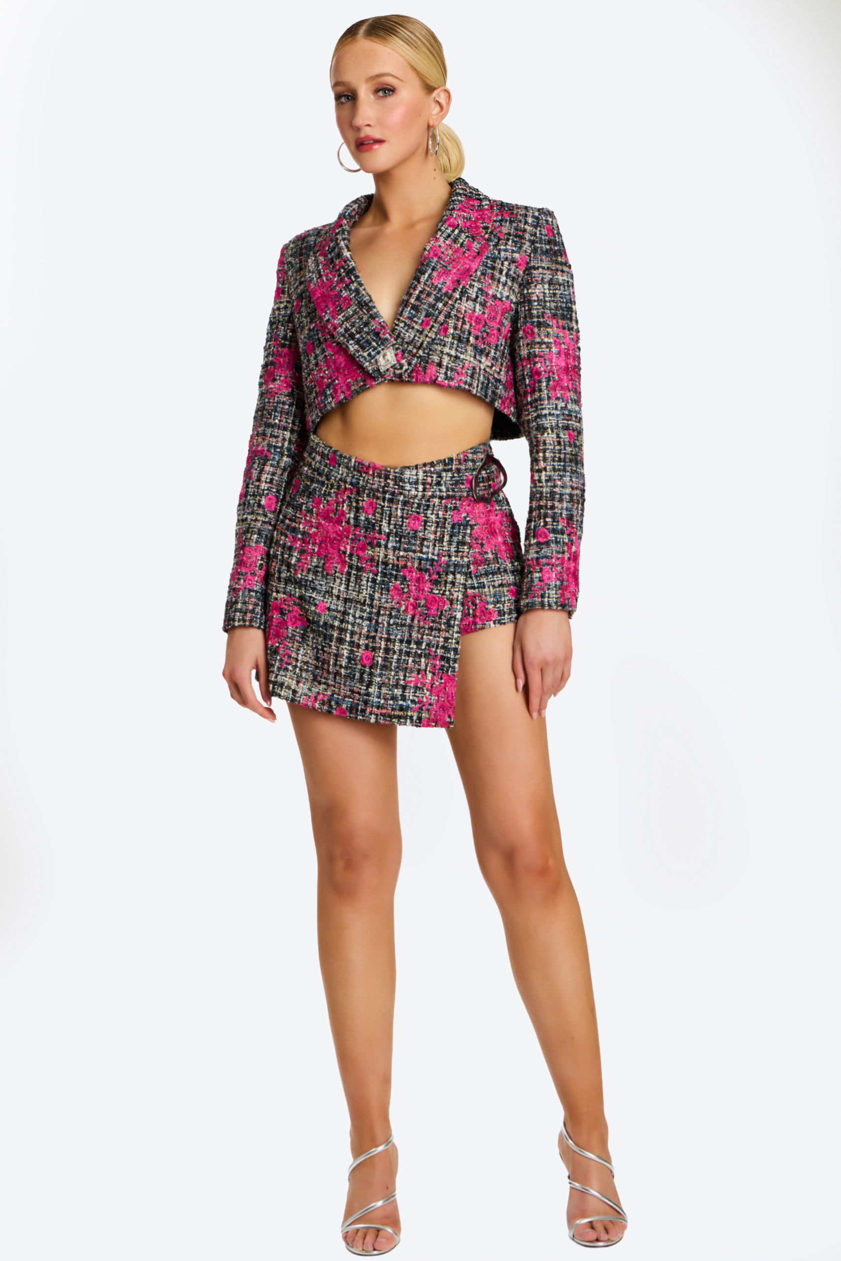 Cropped Blazer Skirt Set With Tweed Floral Design 46305 Jovani
