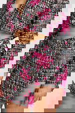 Close-up of model wearing pink and black tweed matching set