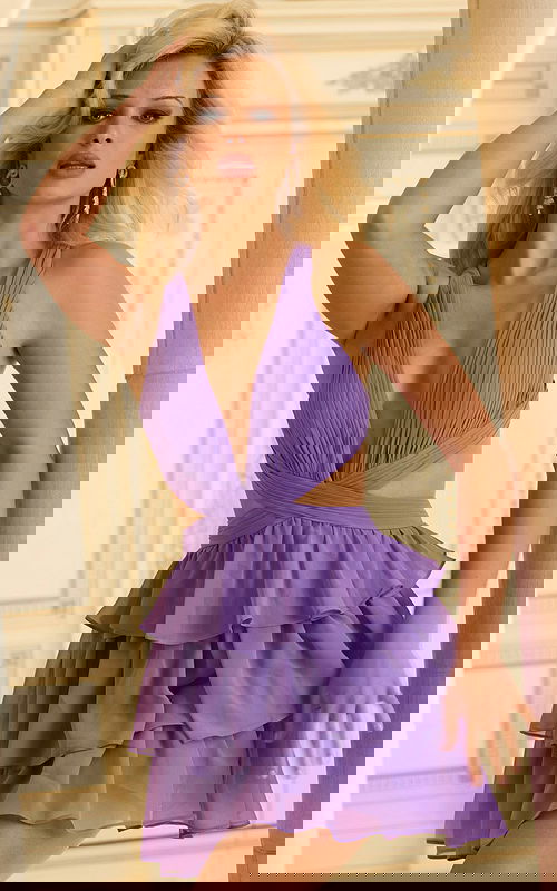 Model Wearing Deep V Ruffle Mini Dress With Side Cutouts