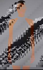 Halter neck mini dress with floral sequin applique and fitted silhouette