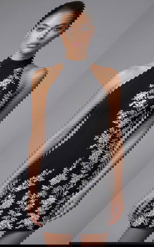 Halter neck mini dress with floral sequin applique and fitted silhouette