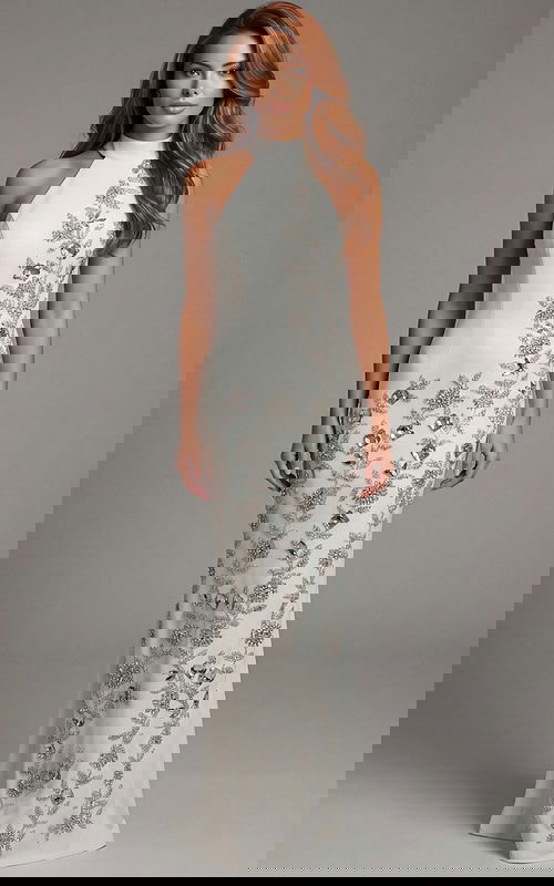 Column gown with smooth back and subtle beaded side detail