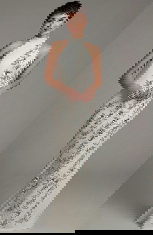 embellished white dress on Petite model