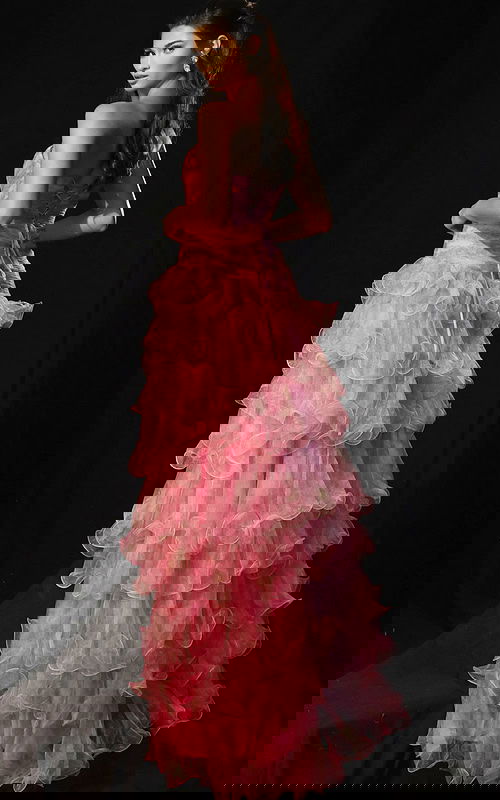 Layered organza dress with sweetheart neckline and back corset