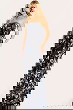 Strapless fitted gown embellished with shimmering floral sequins in navy, silver, and black tones.