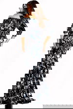 Back view of off-shoulder sequin gown with metallic floral pattern and fitted mermaid silhouette.