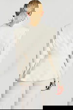 Back view of off-white blazer with fitted waist and soft flared hem