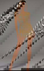 Mirror sequin mini dress with deep V neckline and fitted silhouette