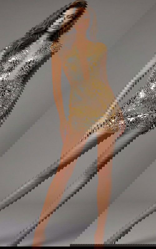 Mirror sequin mini dress with deep V neckline and fitted silhouette