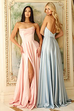 Elegant satin gowns in pastel shades featuring strapless necklines and flowing floor-length skirts