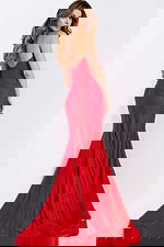 Shimmer red gown with halter straps and ruched waist