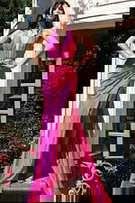 ruched bodice pink high slit dress 46489