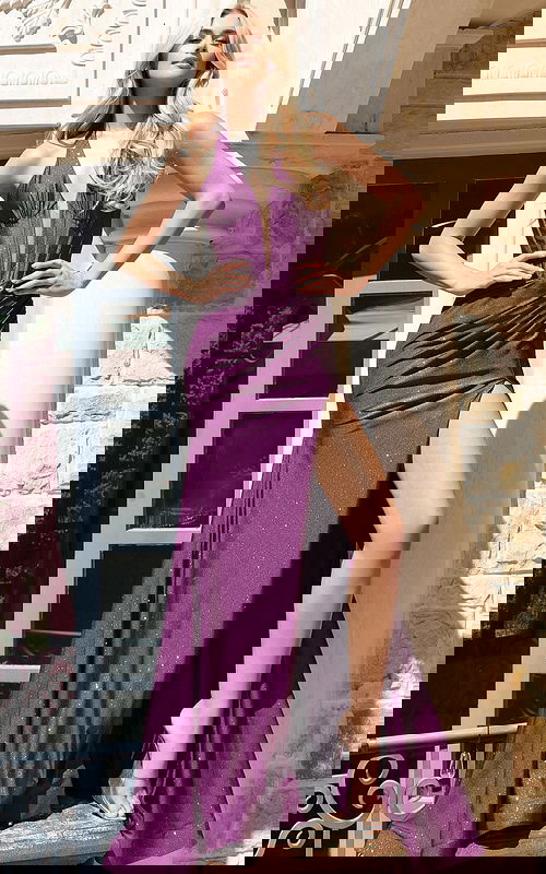 purple plunging neckline dress 46489