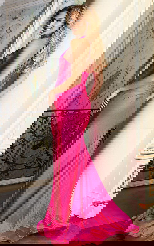 Plunging Halter Neckline With Draped Side Sash And Train