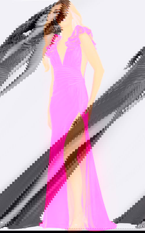 Fitted gown with ruffled shoulders deep V neckline and high slit