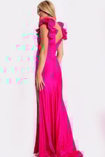 Open back evening gown with ruched waist and flowing skirt