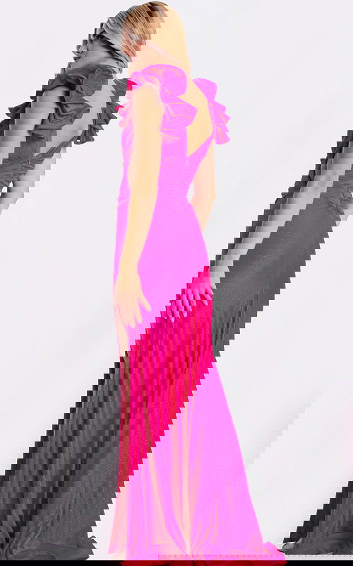 Open back evening gown with ruched waist and flowing skirt