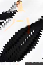 multicolor floral beading on the back neckline of black pantsuit