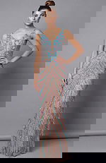 Front view of beaded column gown with deep V neckline and detailed beadwork