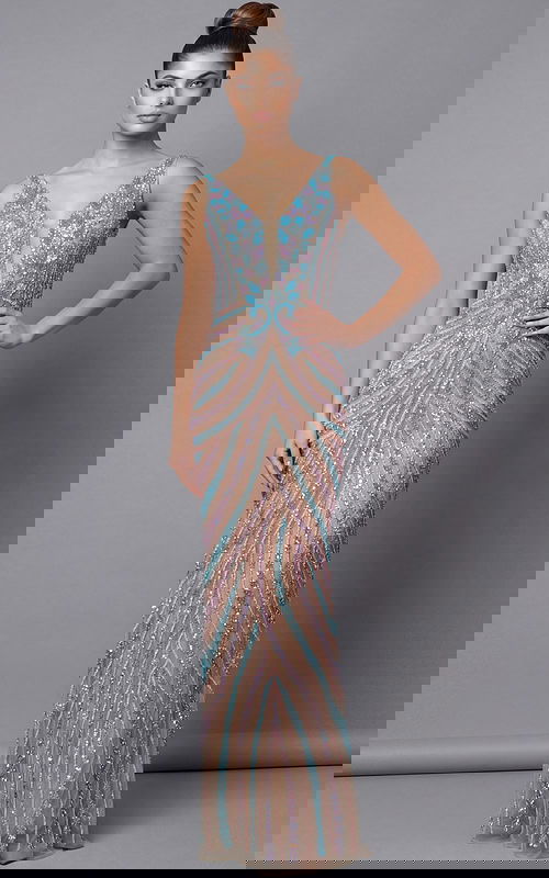 Front view of beaded column gown with deep V neckline and detailed beadwork