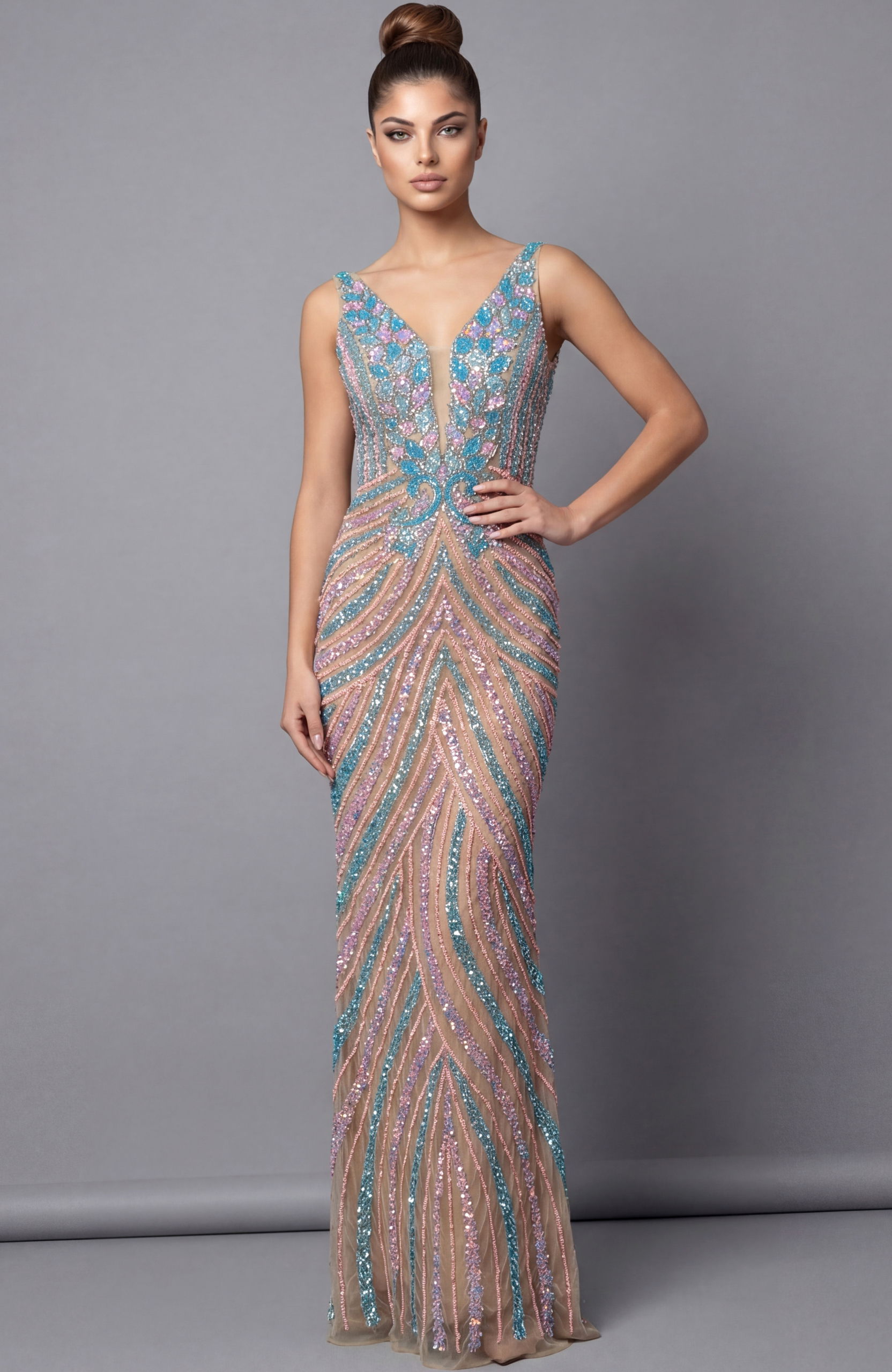 46515-3 Front view of beaded column gown with deep V neckline and detailed beadwork