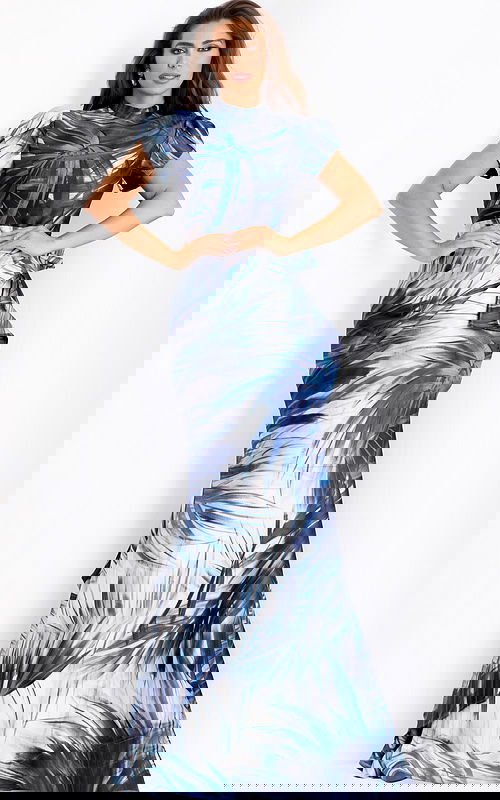 Elegant formal gown with high neckline and leaf pattern