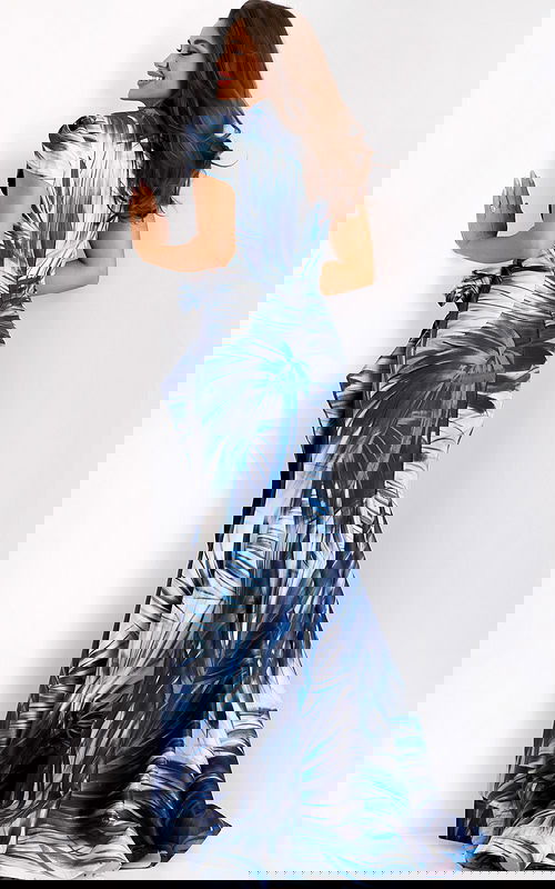 Fitted blue tropical print gown with puff sleeves and side bow