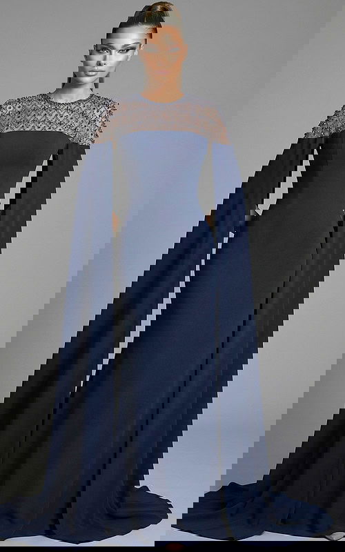 fitted gown with beaded illusion neckline and flowing cape sleeves